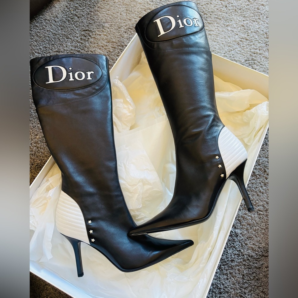 Dior Black and White Moto Knee- High Boots.